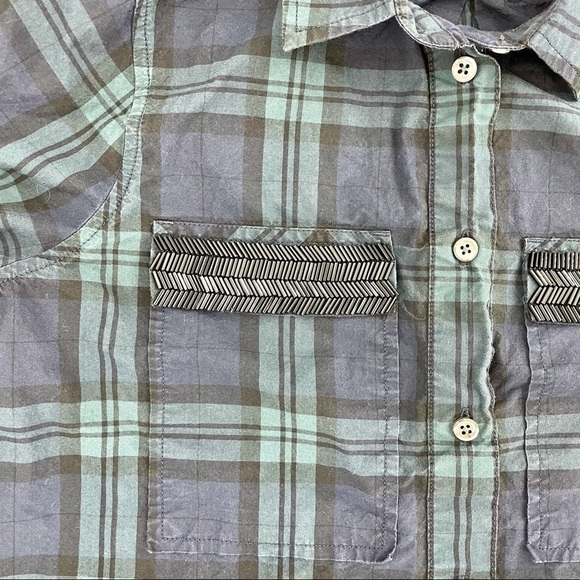 J. Crew | Beaded Chevron Blue Plaid Popover Shirt with Embellished Pockets - Picture 6 of 14